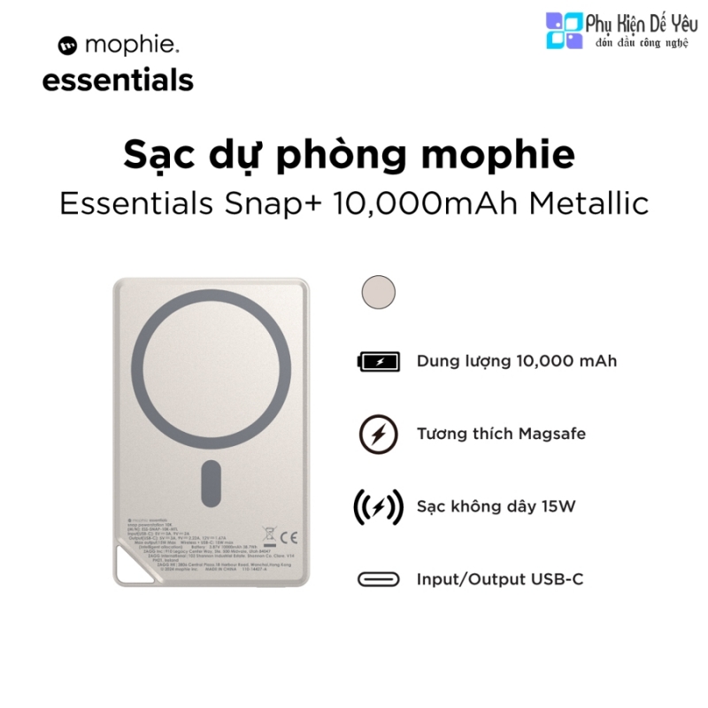 Pin dự phòng mophie Essentials Snap+ Powerstation 10K (10,000mAh, Metal case) - 401116530 (Chứng nhận CCC, An toàn bay)