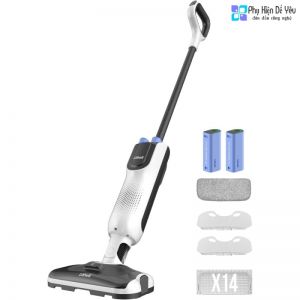 Máy hút bụi kiêm lau nhà không dây LiTHELi, 2 trong 1: Máy hút bụi sàn cứng, lau khô và ướt, 2 hộp chứa bụi dùng một lần, 14 miếng lau dùng một lần và 1 miếng lau có thể giặt, 2 pin 4000mAh có thể thay thế.