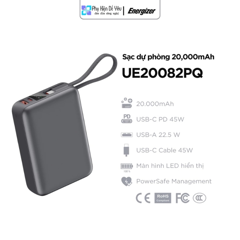 Pin dự phòng Energizer UE20082PQ - 20.000mAh, Liền cáp USB-C 45W
