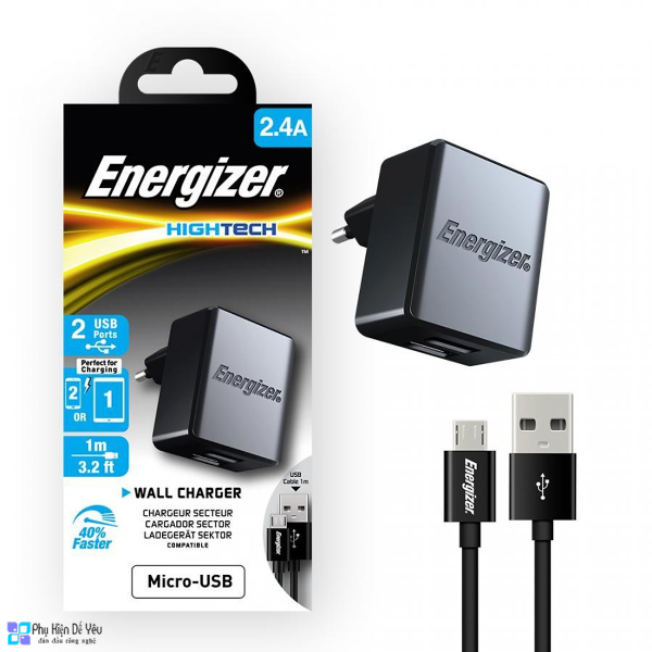 Sạc ENERGIZER 2.4A 2 Cổng USB Kèm Cáp MICROUSB ACA2BEUHMC3 Chính Hãng