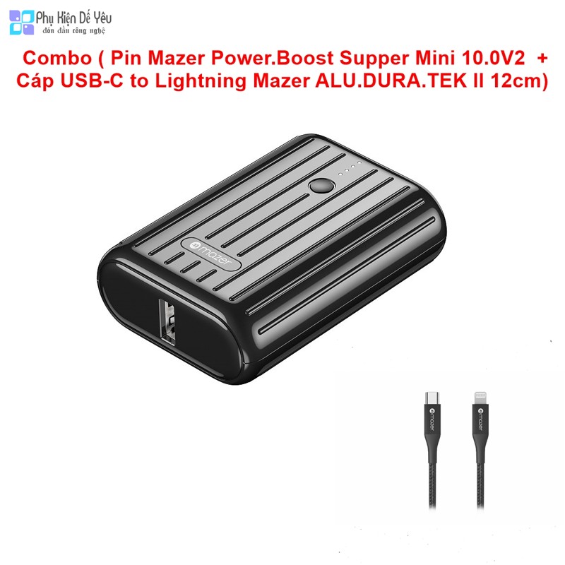 Combo (Pin sạc dự phòng Mazer Power.Boost Supper Mini 10.0V2 - 10.000mAh + Cáp USB-C to Lightning Mazer ALU.DURA.TEK II 12cm)