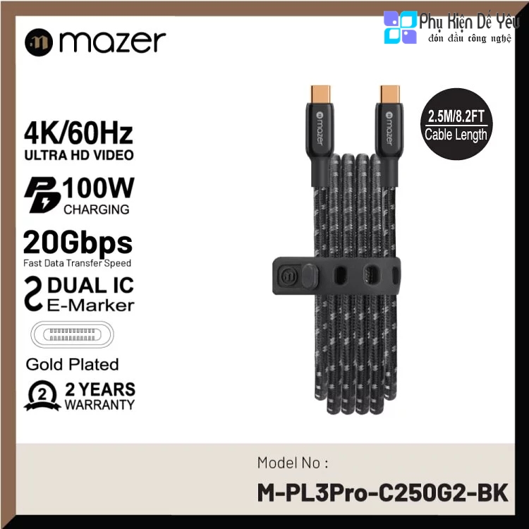 Cáp Mazer Infinite.LINK Pro 3 G2 Cable USB-C to USB-C 2.5M (4K/60Hz Ultra HD/ 100W/ 20Gbps)