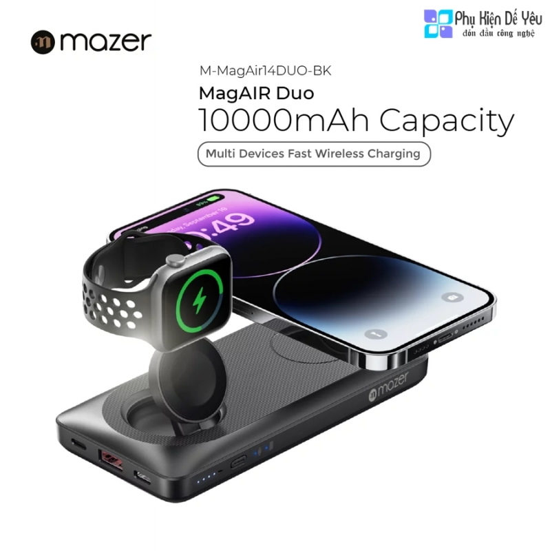 Pin sạc dự phòng không dây Mazer MagAir14 DUO MagSafe 15W + Sạc Apple Watch - 10.000mAh