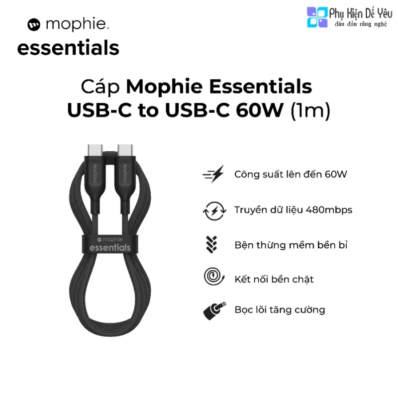 Cáp USB-C to USB-C Mophie Essential - 60W, dài 1m, bện dù