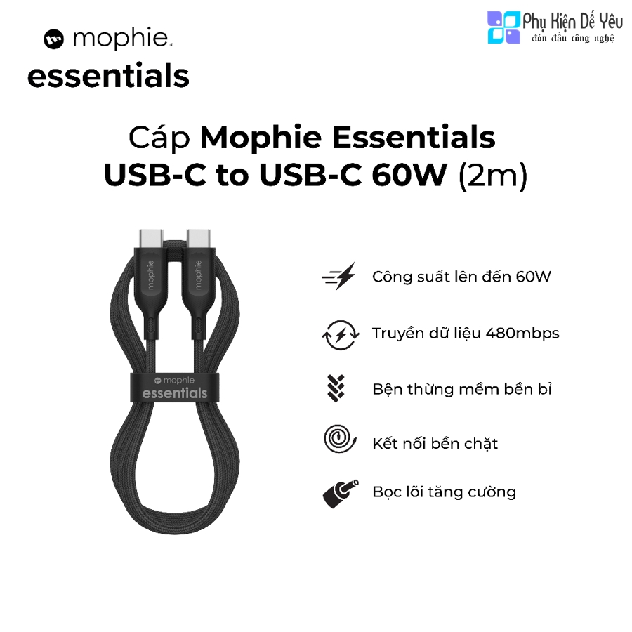 Cáp USB-C to USB-C Mophie Essential - 60W, dài 2m, bện dù