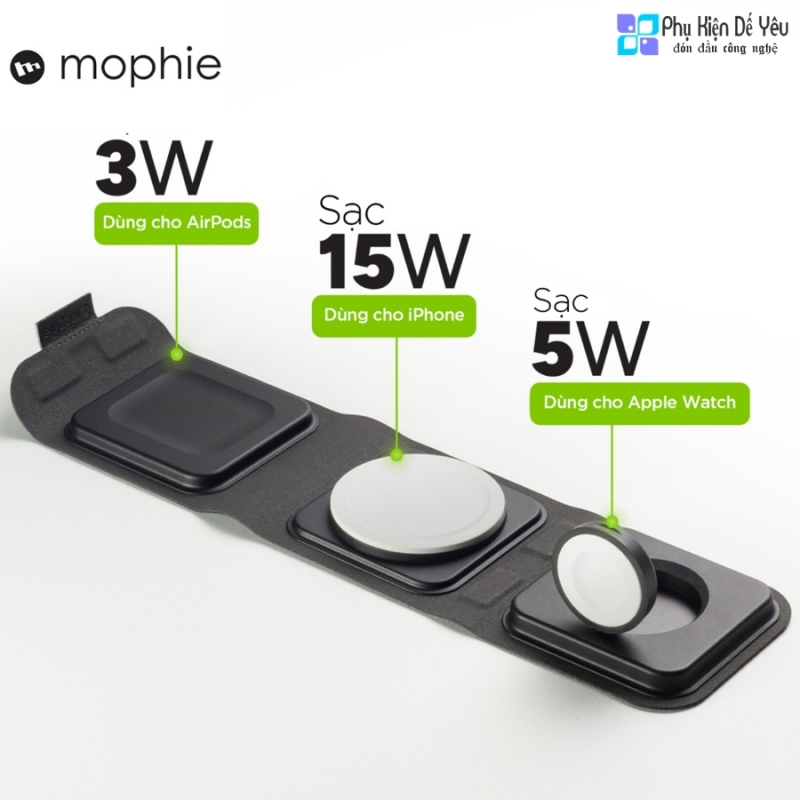 Sạc không dây mophie 3 in 1 travel - Bộ sạc du lịch 3 trong 1 với MagSafe cho Apple iPhone, AirPods Pro/AirPods và Apple Watch