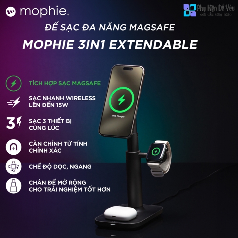 Sạc không dây mophie 3-in-1 Extendable Stand with MagSafe - 401311349