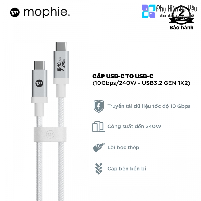 Cáp USB-C to USB-C mophie dài 1.5m (10Gbps/240W - USB 3.2 Gen 1X2)