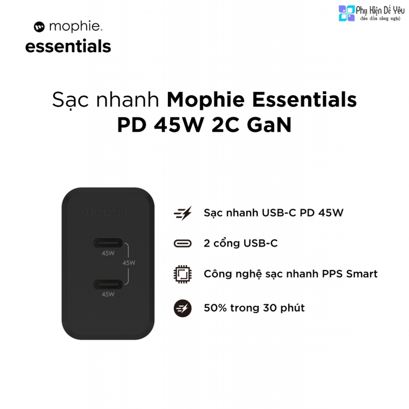 Sạc mophie Essentials USB-C PD 45W - GaN, 2 cổng