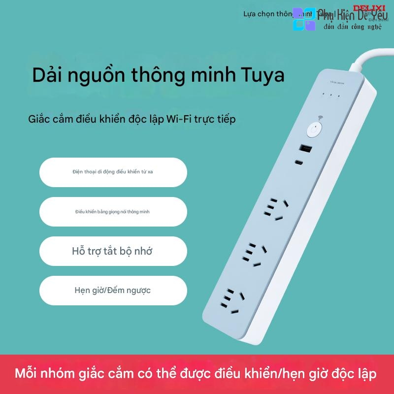 Ổ điện thông minh DELIXI (Kết nối Wifi, chỉnh App, 2 AC, USB-C, USB-A)