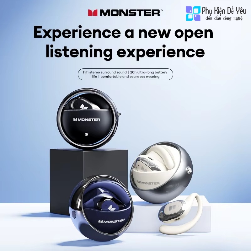 Tai nghe không dây Bluetooth 5.4 Monster MQO33, âm thanh Dolby Immersive Sound, tai nghe gọi HD, khử tiếng ồn khi chơi thể thao, kiểu dáng mở.