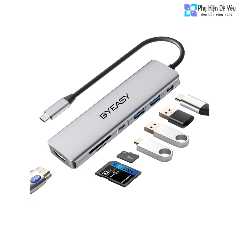 Bộ chia USB C BYEASY 7 trong 1, tích hợp HDMI 4K, đầu đọc thẻ SD/TF, nguồn 100W, cáp siêu mỏng 0.71ft, tương thích với laptop và các thiết bị Type-C khác
