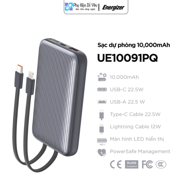 Pin dự phòng Energizer UE10091PQ - 10.000mAh, Liền cáp USB-C & Lightning