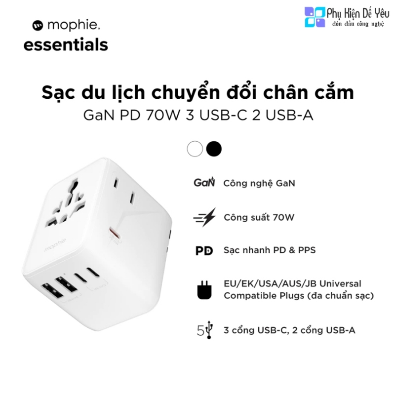 Bộ chuyển đổi du lịch đa năng Mophie Essentials GaN 70W | Bộ sạc tường