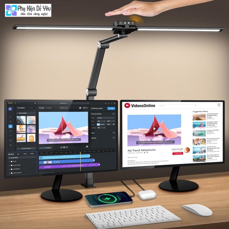 Đèn bàn LED Syrinx có kẹp, đèn bàn hai đầu cho văn phòng tại nhà với công tắc cảm ứng và điều khiển bằng cử chỉ, đèn bàn kiến trúc sư 24W bảo vệ mắt với 25 chế độ chiếu sáng có thể điều chỉnh.